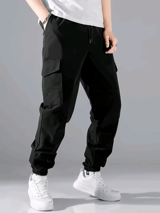 Trendy Solid Cargo Pants, Men's Multi Flap Pocket Drawstring Trousers, Loose Casual Outdoor Pants, Men's Work Pants Outdoors Streetwear Hip Hop Style