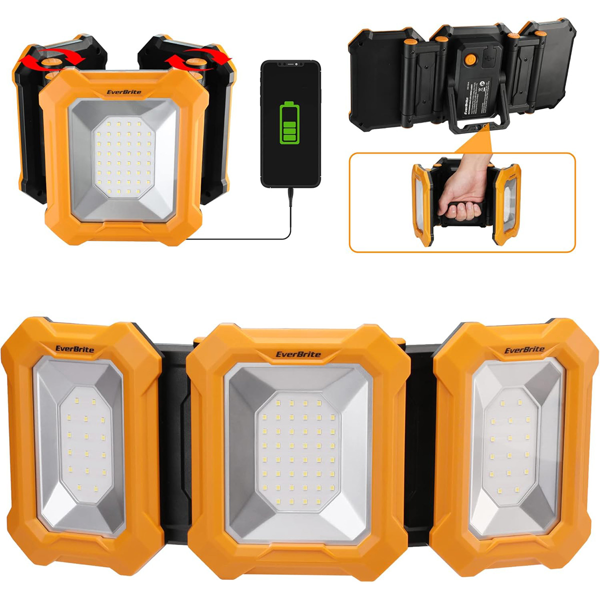 3000LM LED Work Lights, 7800mAh Rechargeable Work Light with 180° Rotation Stand, Two 180° Adjustable Heads